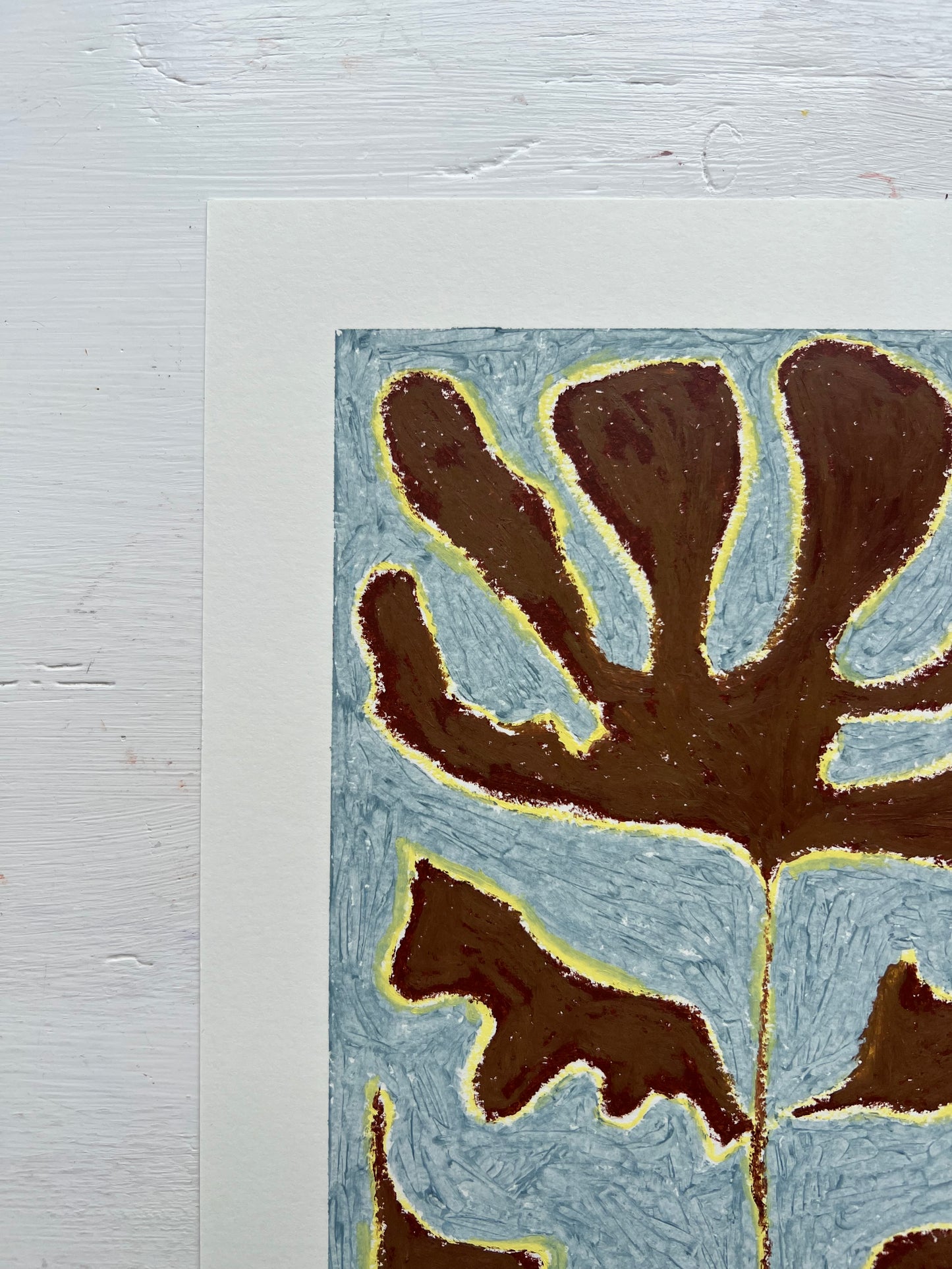 Bloom – Original oliepasteltegning A4 | Brun på støvet blå