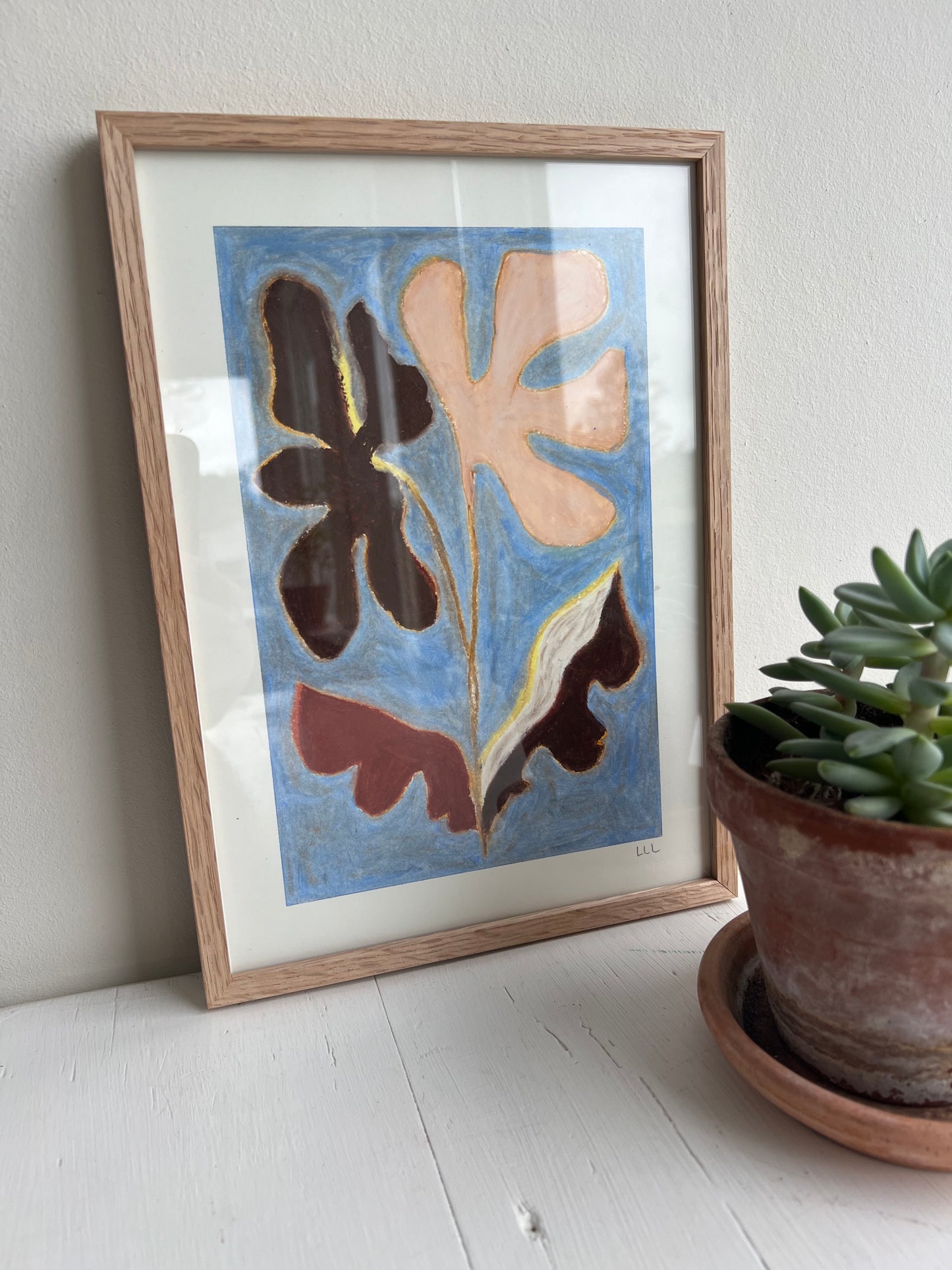 Bloom – Original oliepasteltegning A4 | Brun på lyseblå