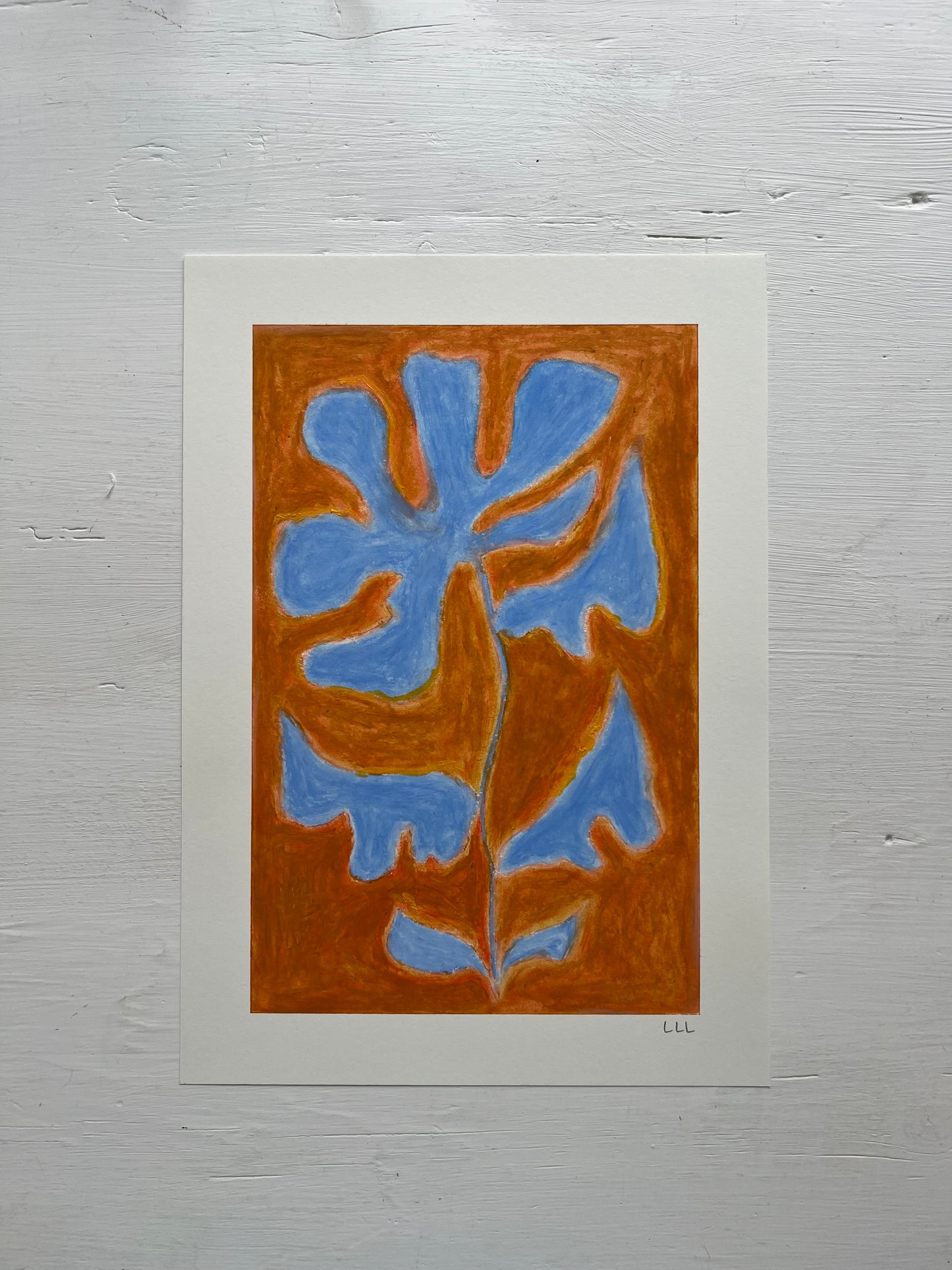 Bloom – Original oliepasteltegning A4 | Lyseblå på okker