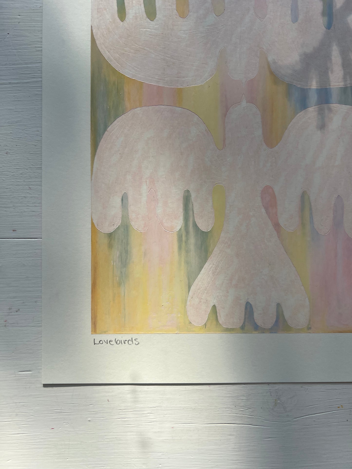 Lovebirds – Original oliepasteltegning A4 | Lys rosa på pasteller