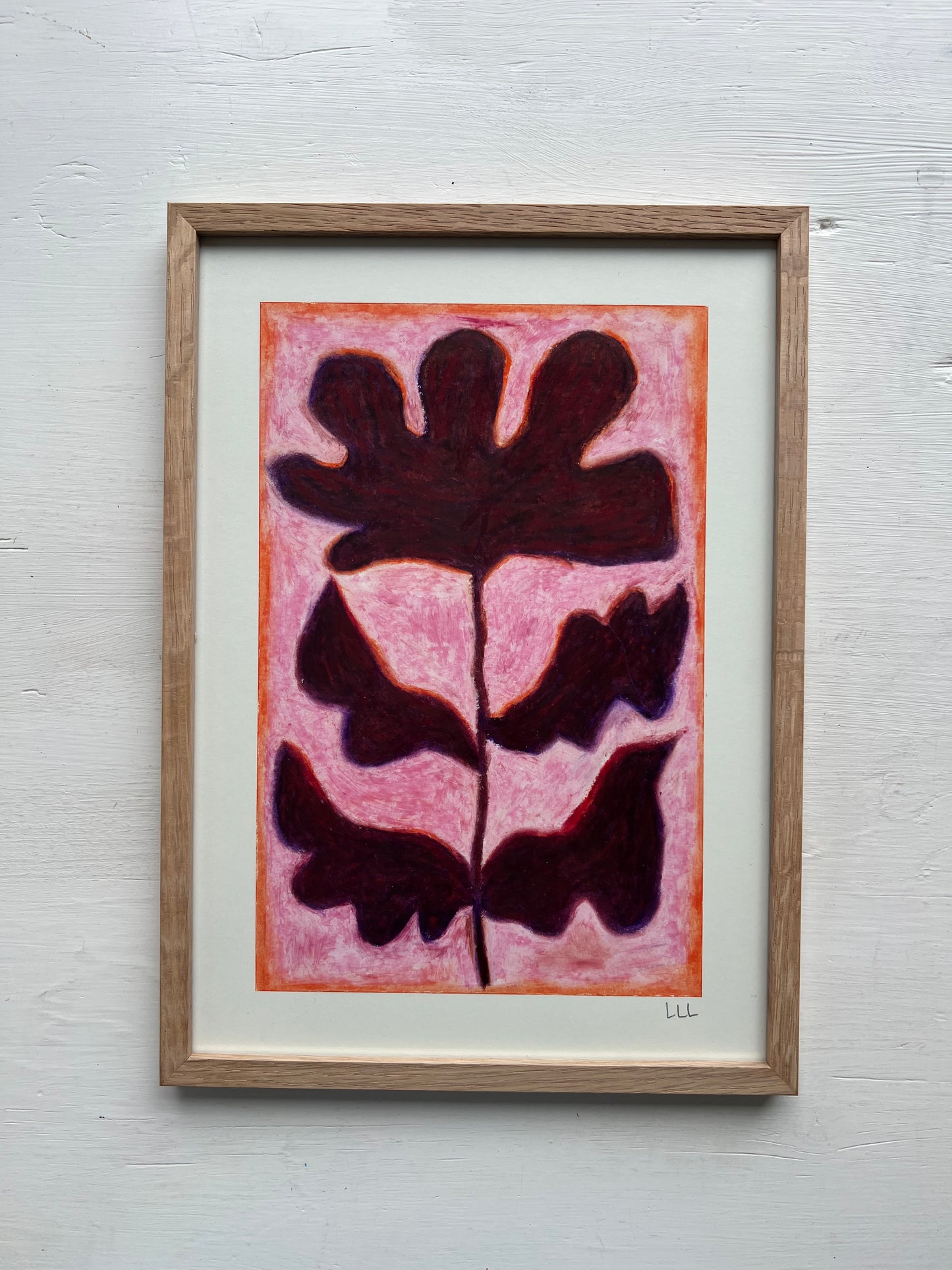 Bloom – Original oliepasteltegning A4 | Bordeaux på rosa