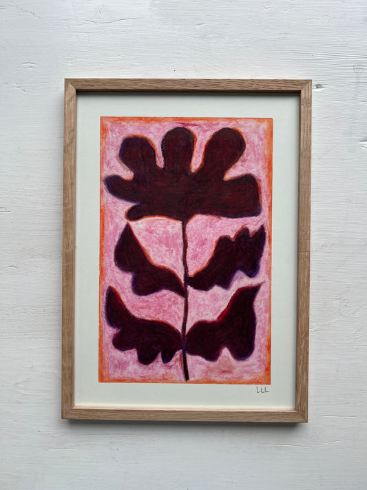 Bloom – Original oliepasteltegning A4 | Bordeaux på rosa