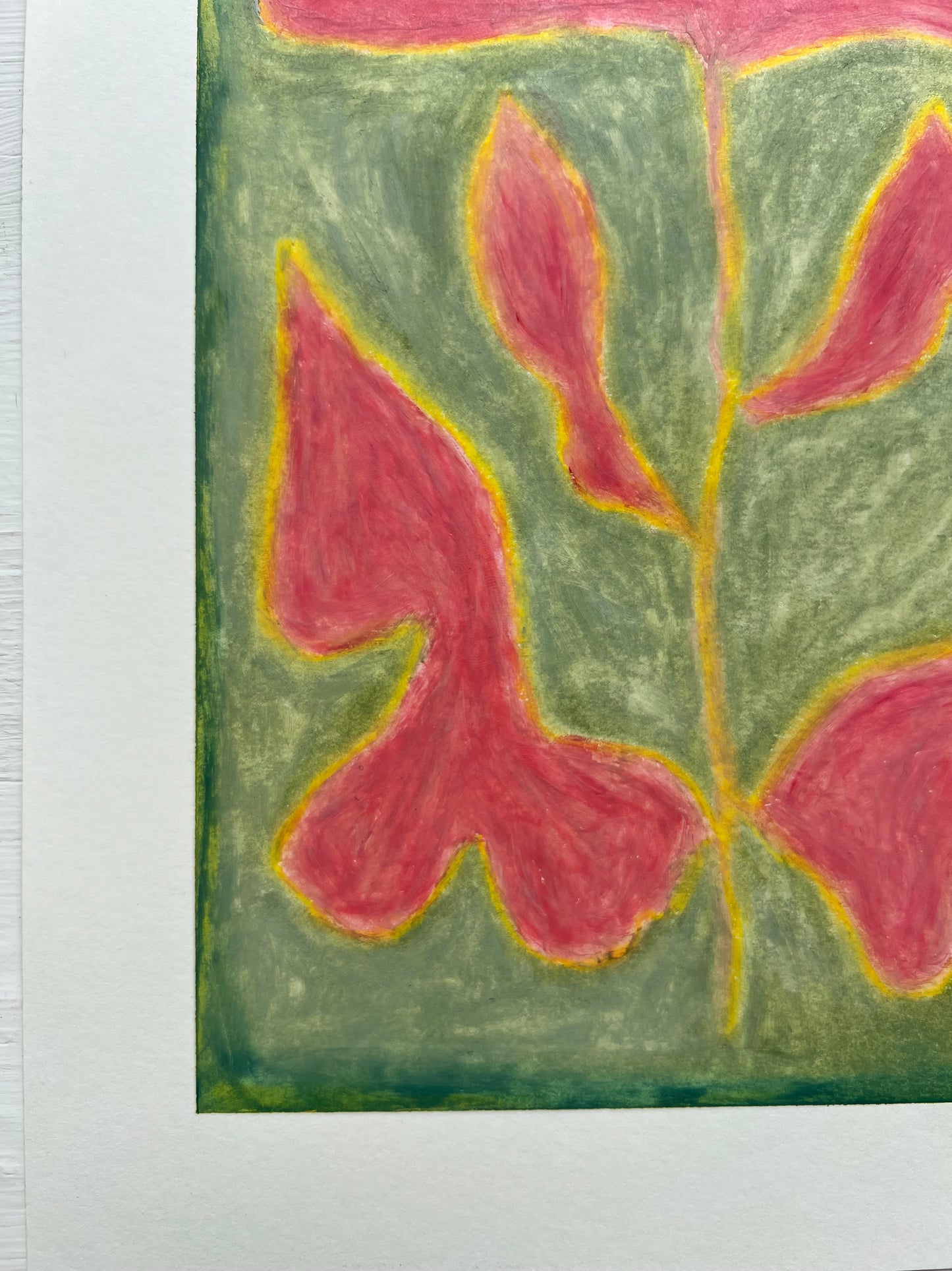 Bloom – Original oliepasteltegning A4 | Hindbærrosa på grøn