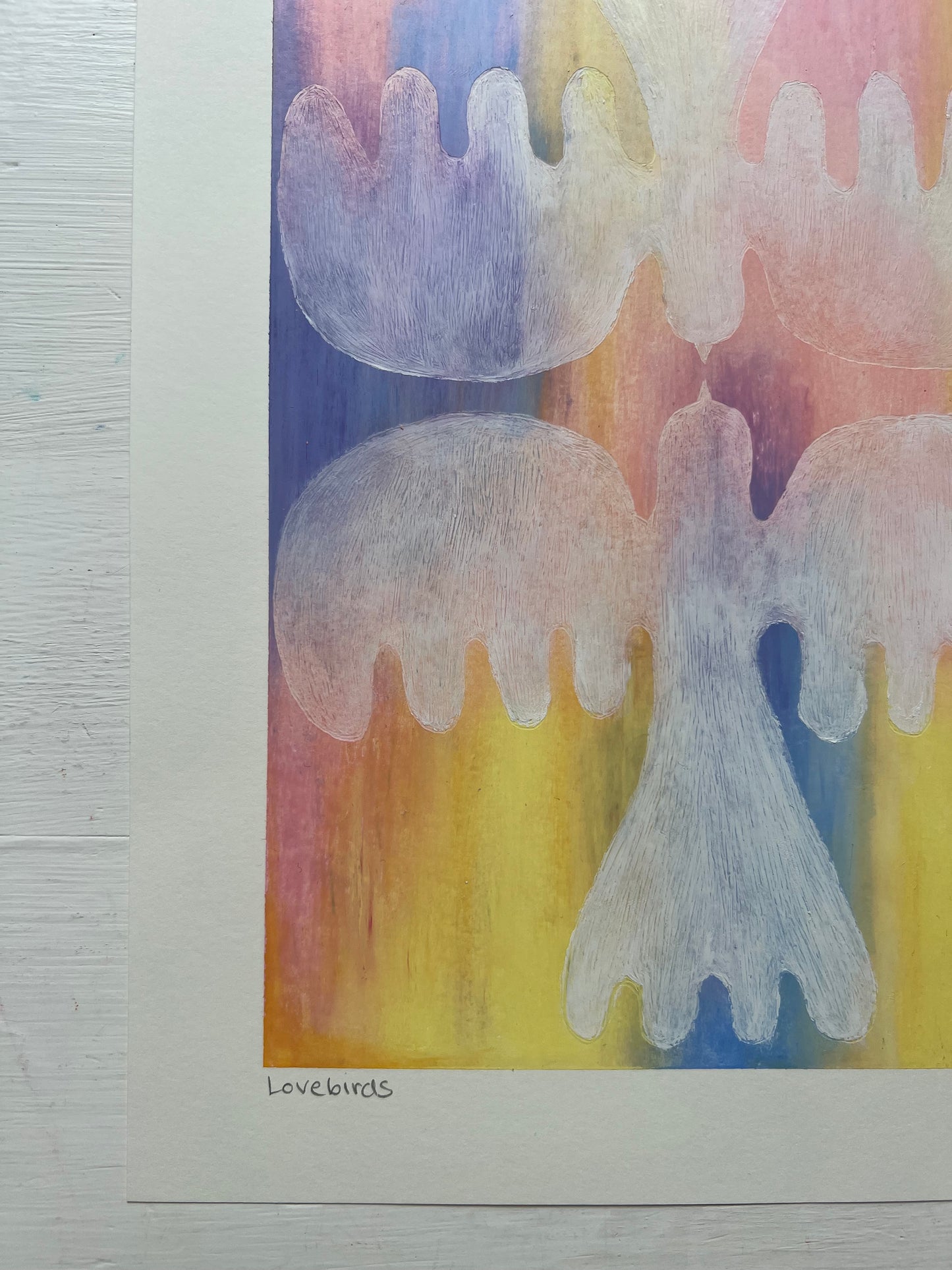 Lovebirds – Original oliepasteltegning A4 | Gennemsigtig hvid på pasteller
