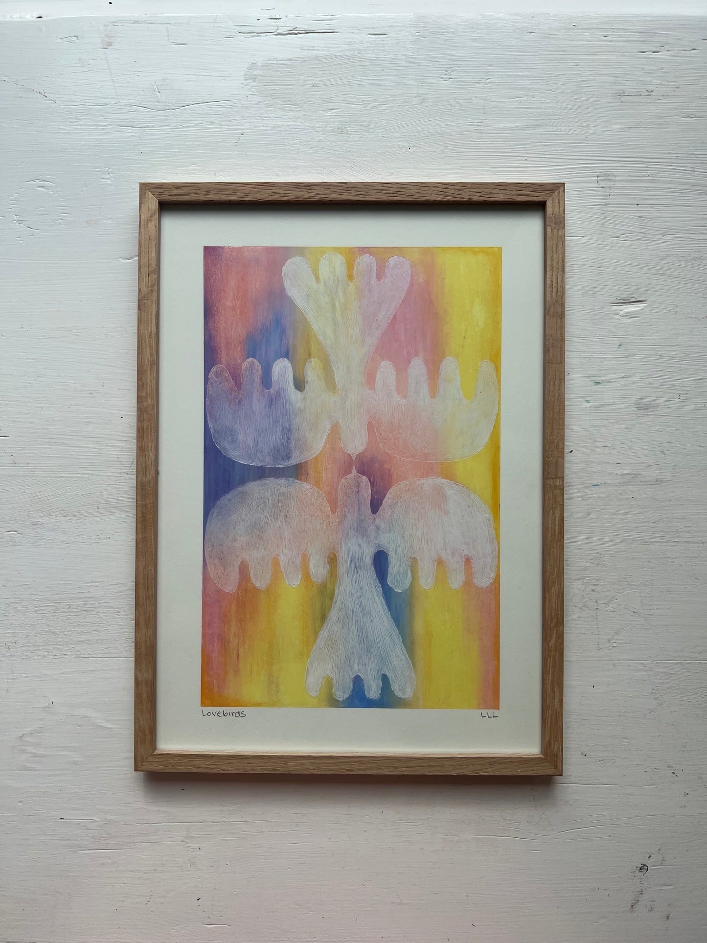 Lovebirds – Original oliepasteltegning A4 | Gennemsigtig hvid på pasteller