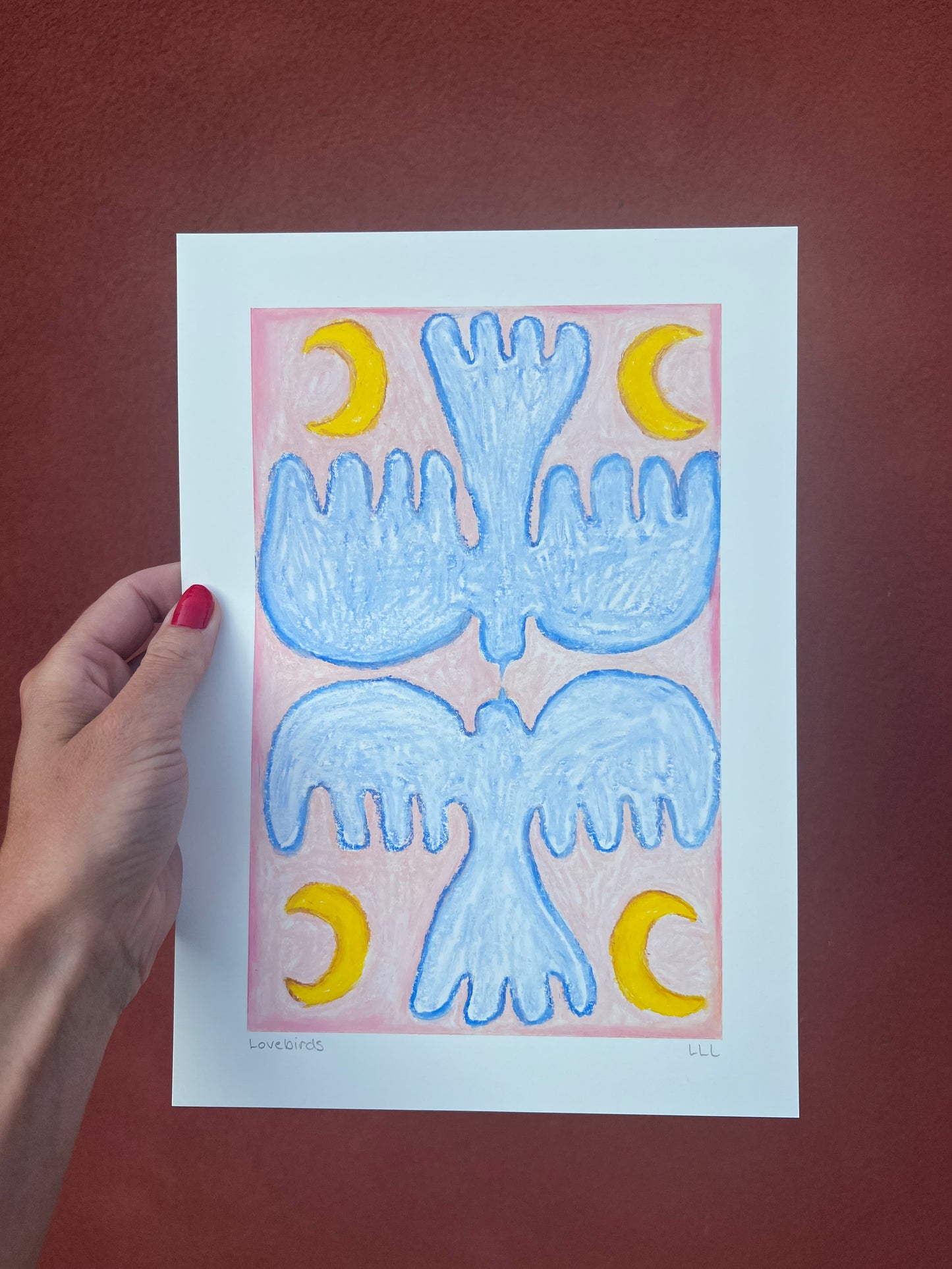 Lovebirds – Original oliepasteltegning A4 | Lyseblå på rosa
