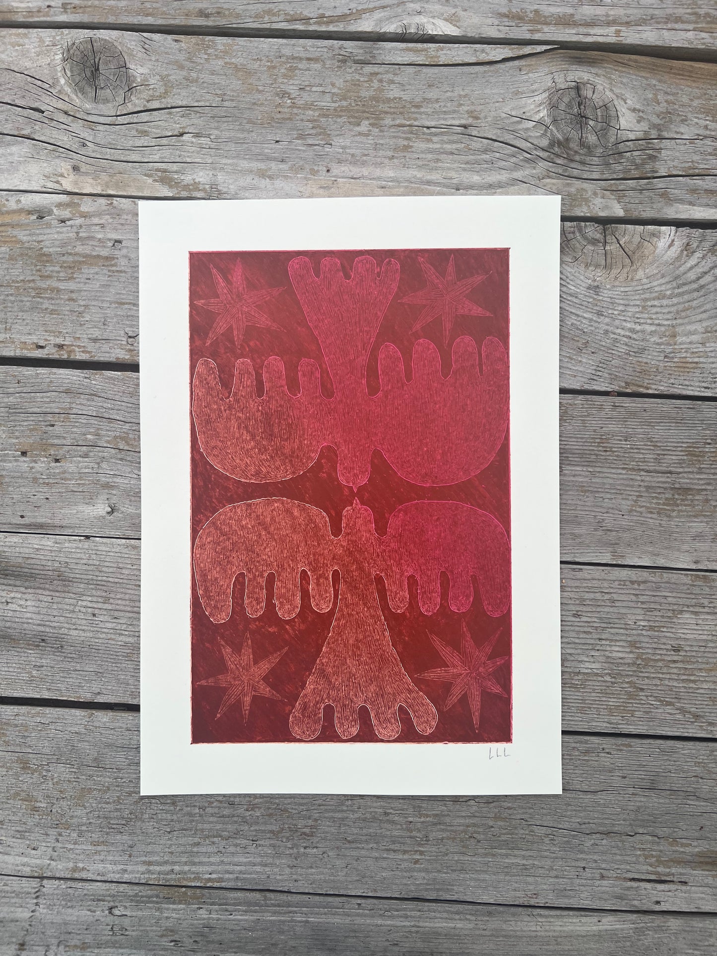 Lovebirds – Original oliepasteltegning A4 | Rødbrun sgraffito