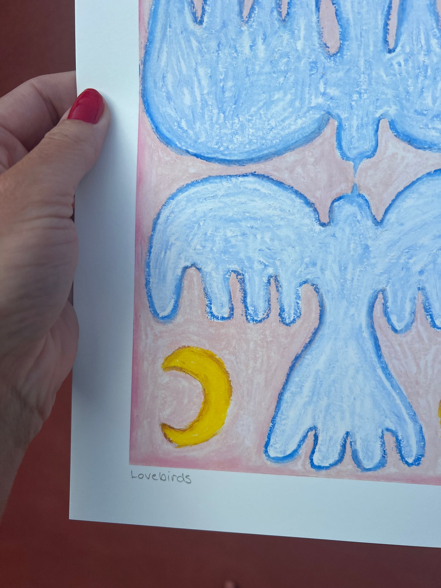 Lovebirds – Original oliepasteltegning A4 | Lyseblå på rosa