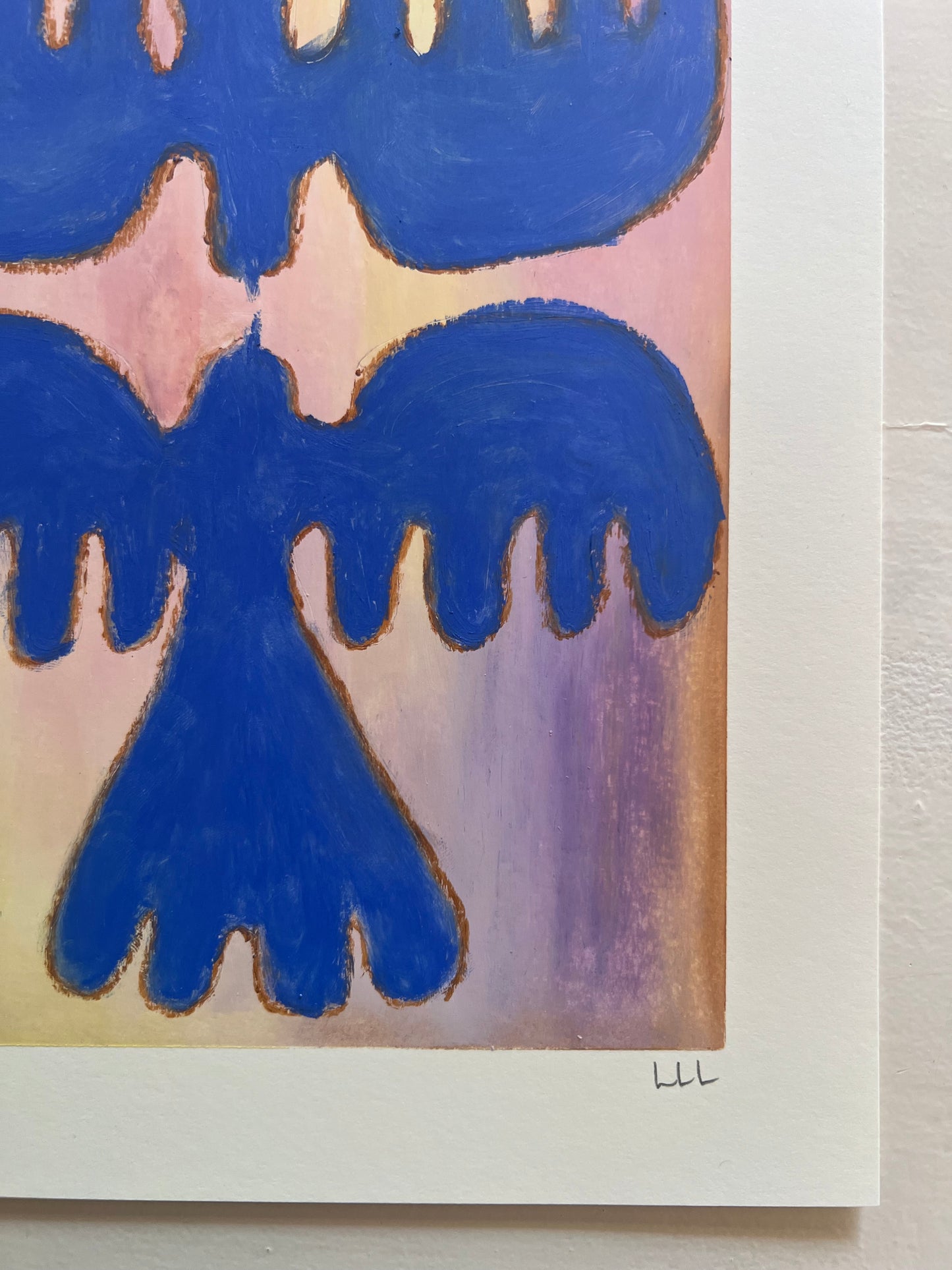 Lovebirds – Original oliepasteltegning A4 | Blå på lavendel/gul/okker