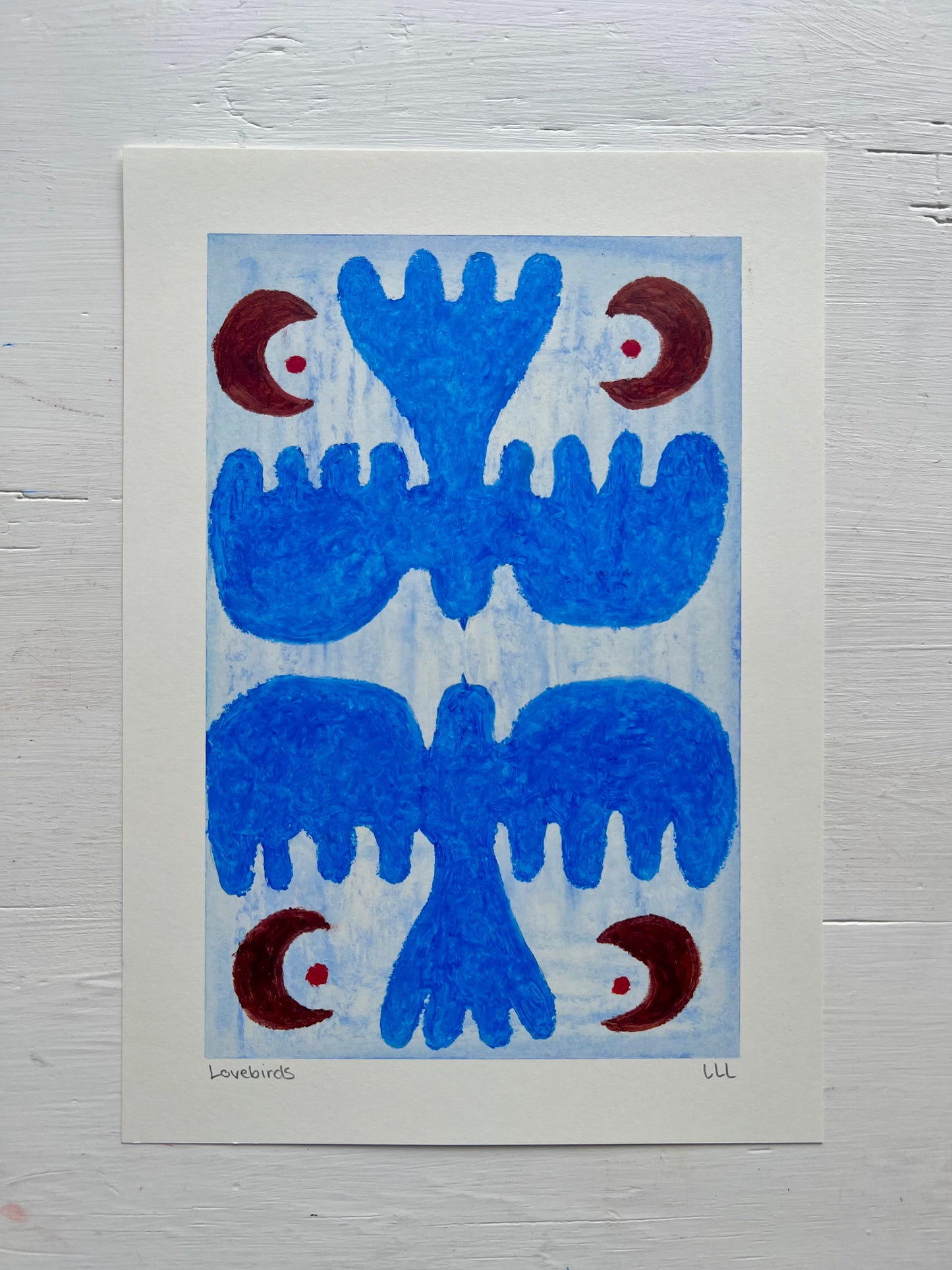 Lovebirds – Original oliepasteltegning A4 | Mørkeblå på lyseblå