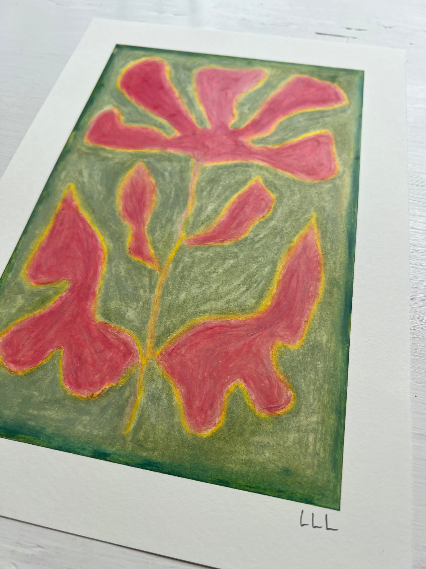 Bloom – Original oliepasteltegning A4 | Hindbærrosa på grøn