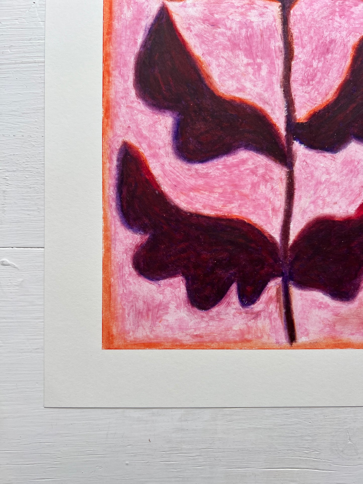 Bloom – Original oliepasteltegning A4 | Bordeaux på rosa