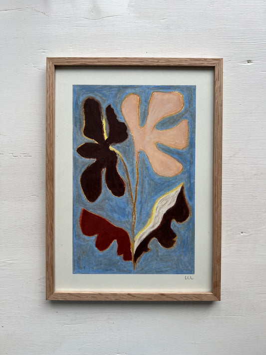 Bloom – Original oliepasteltegning A4 | Brun på lyseblå