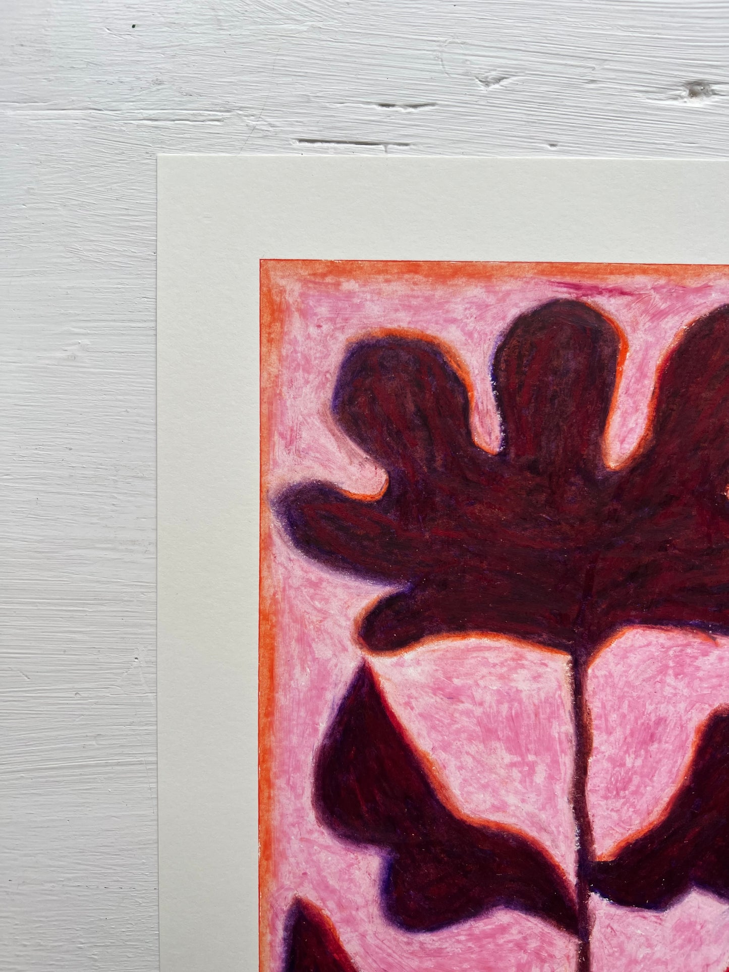 Bloom – Original oliepasteltegning A4 | Bordeaux på rosa