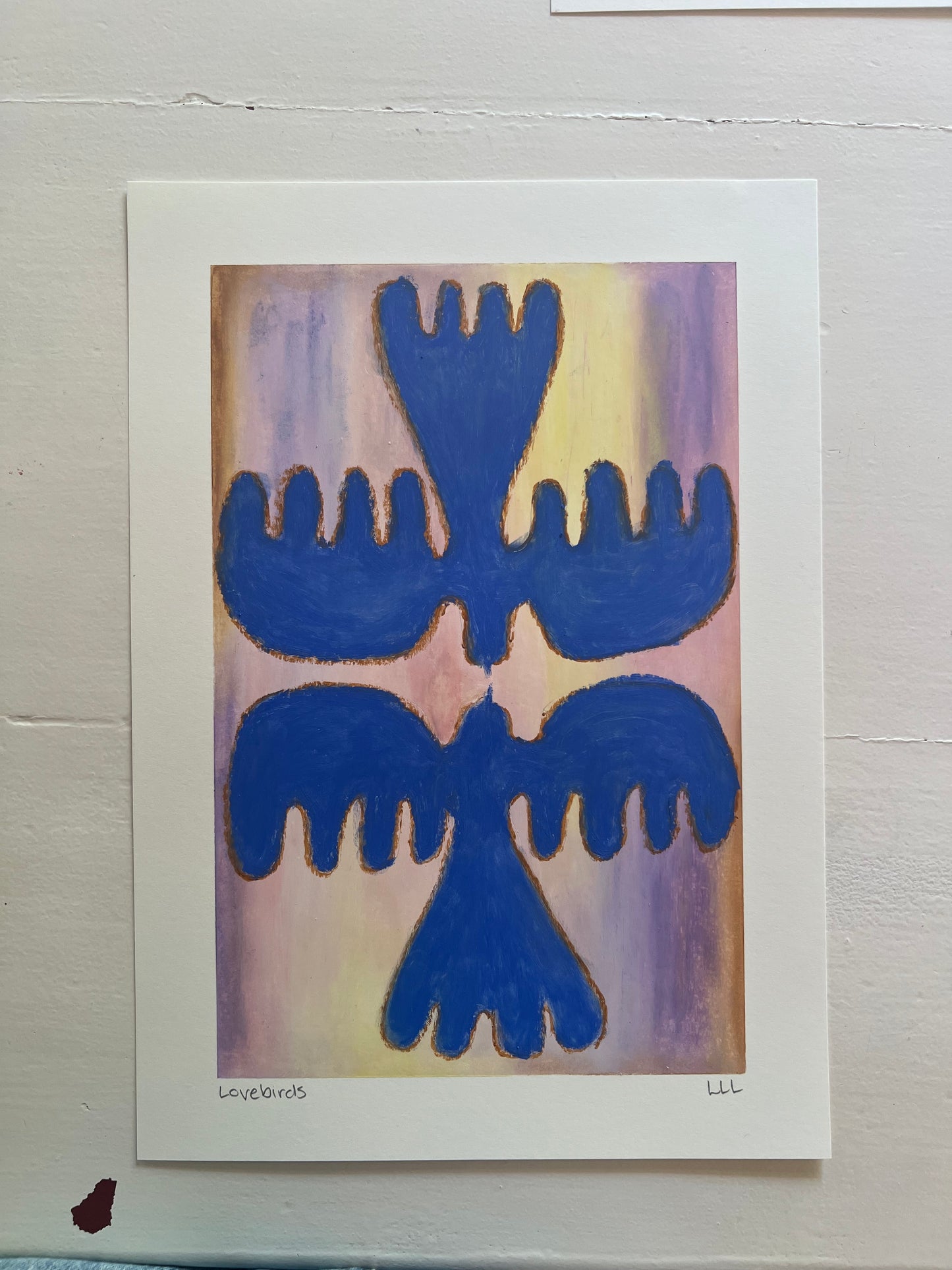 Lovebirds – Original oliepasteltegning A4 | Blå på lavendel/gul/okker