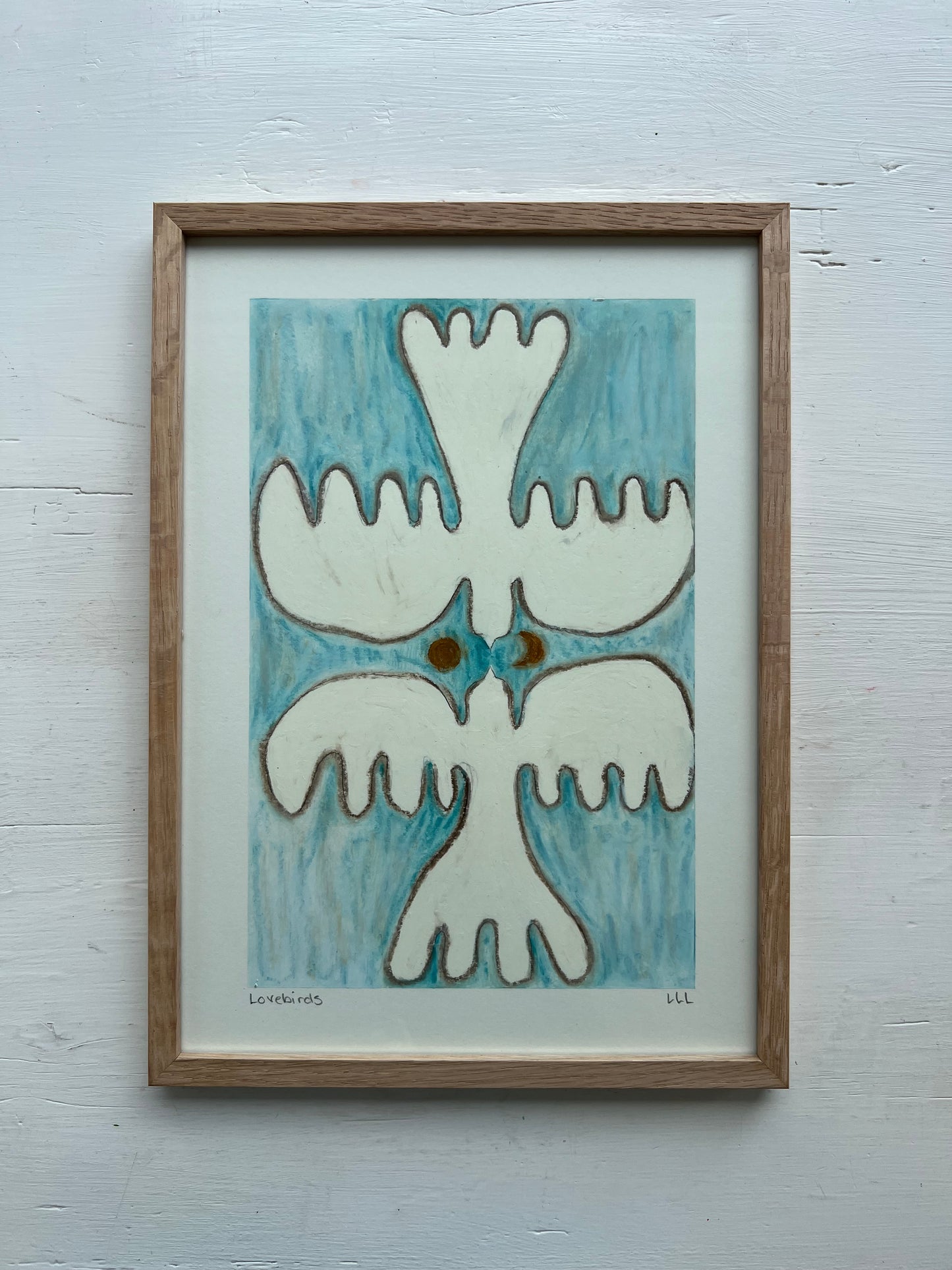 Lovebirds – Original oliepasteltegning A4 | Creme på isblå