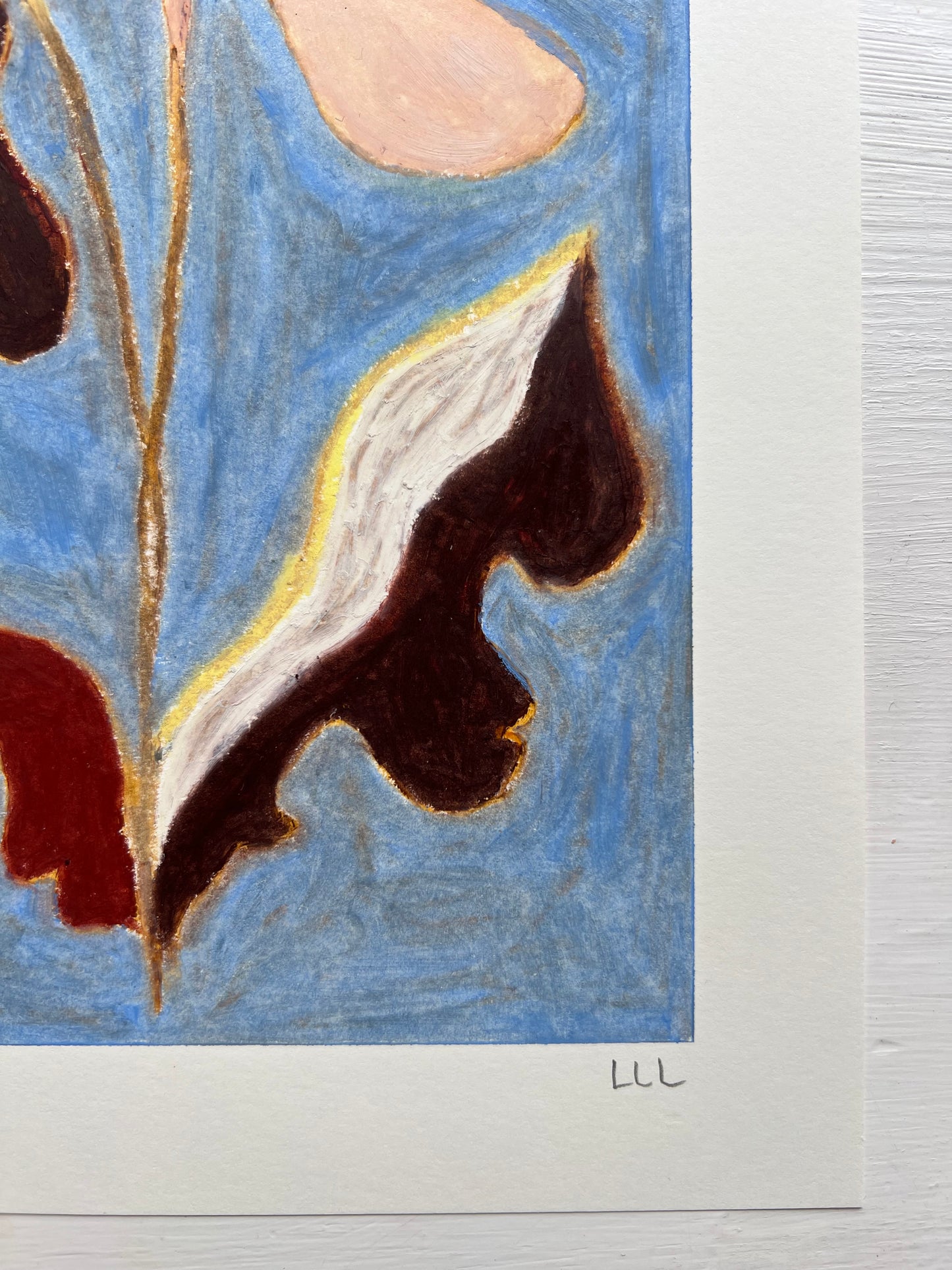 Bloom – Original oliepasteltegning A4 | Brun på lyseblå